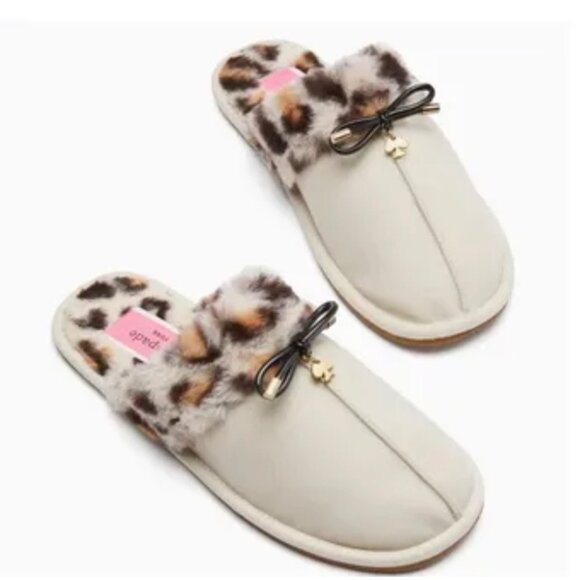 Kate Spade Lacey Leopard Cream Slippers with Faux Fur Lining Size 6.5 /7 - Picture 1 of 8